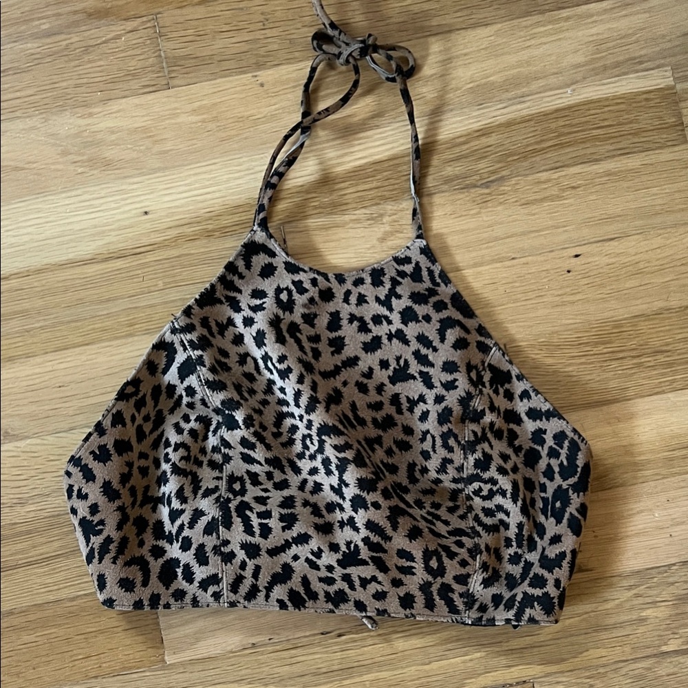 Leopard Print Halter Crop Top - Black & Tan